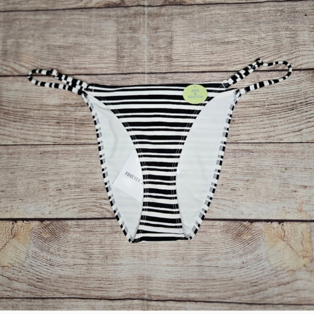 Forever 21 black and white striped high-leg cheeky bikini swim bottom